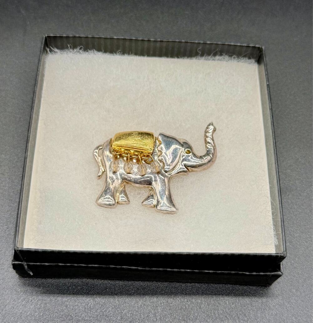 Elephant Brooch Pin Silver Gold Tone Saddle Dangle Beads Raised Trunk 2.25"